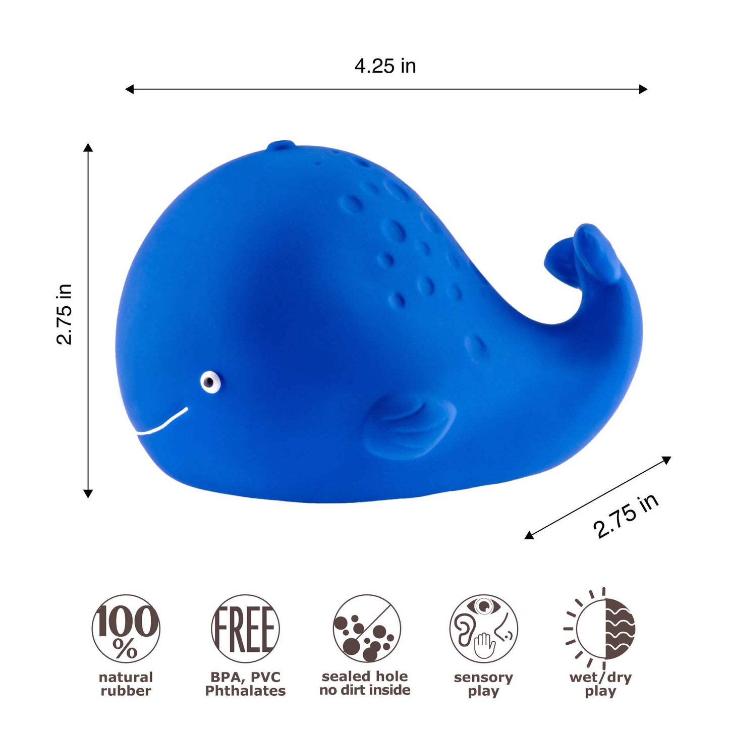 Caaocho Natural Rubber Toys - Kala The Whale Bath Toy Hole Free - 100% Pure Natural Rubber