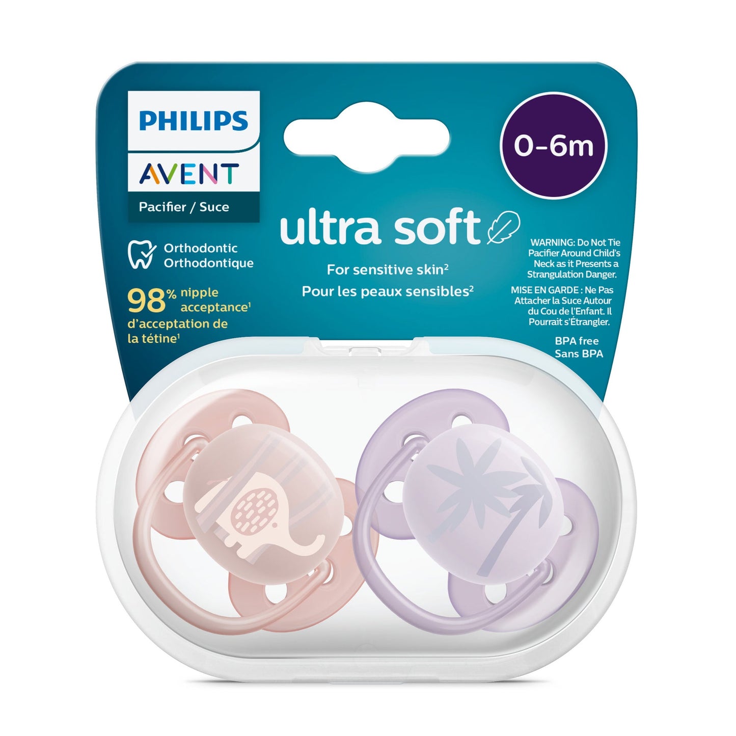 Philips Avent - Ultra Soft Pacifier - 0-6m - Lychee Elephant + Lilac Palms - 2 pack