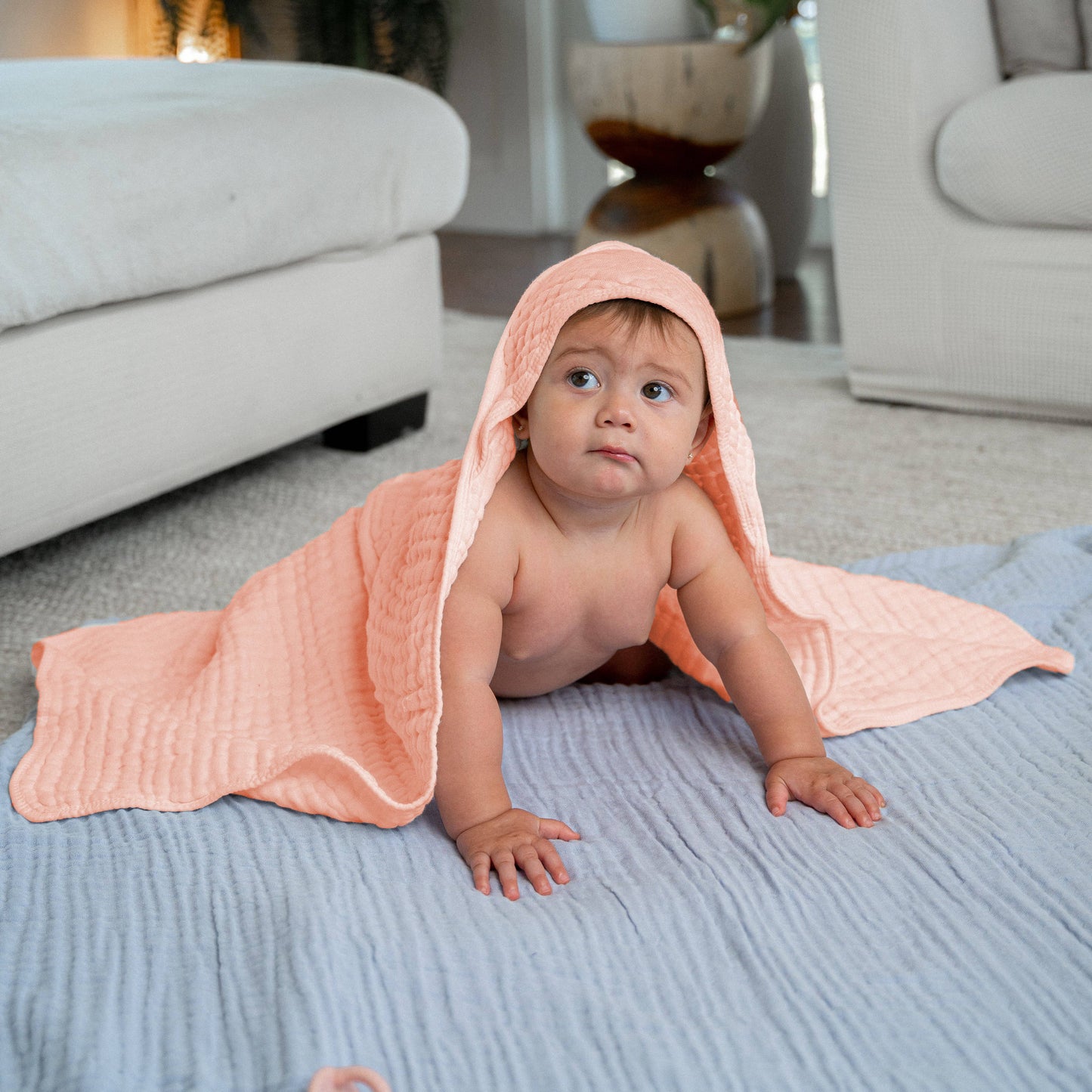 Comfy Cubs - Baby Hooded 9 Layer Muslin Cotton Towel For Kids: Pack Of 1 / Blush