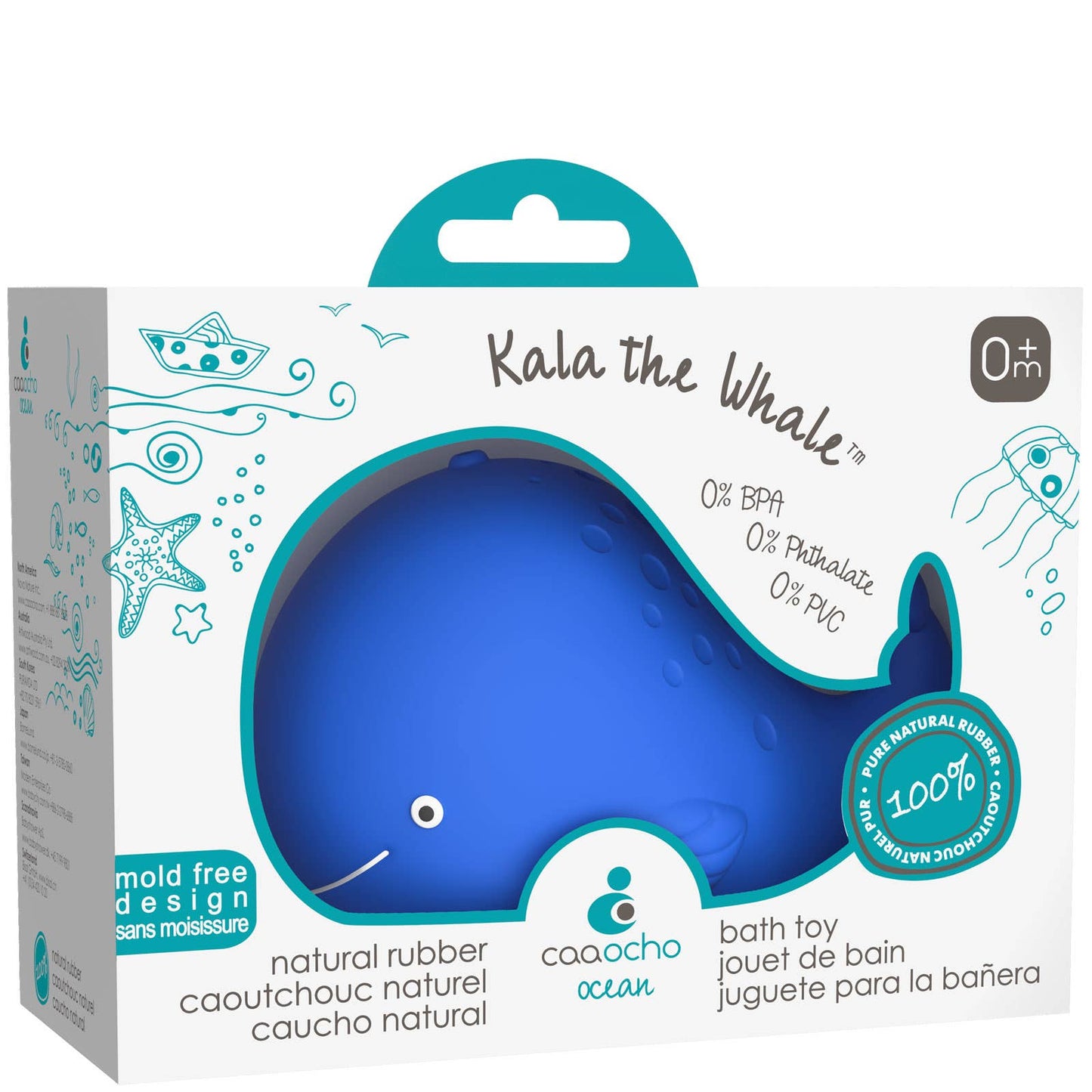 Caaocho Natural Rubber Toys - Kala The Whale Bath Toy Hole Free - 100% Pure Natural Rubber