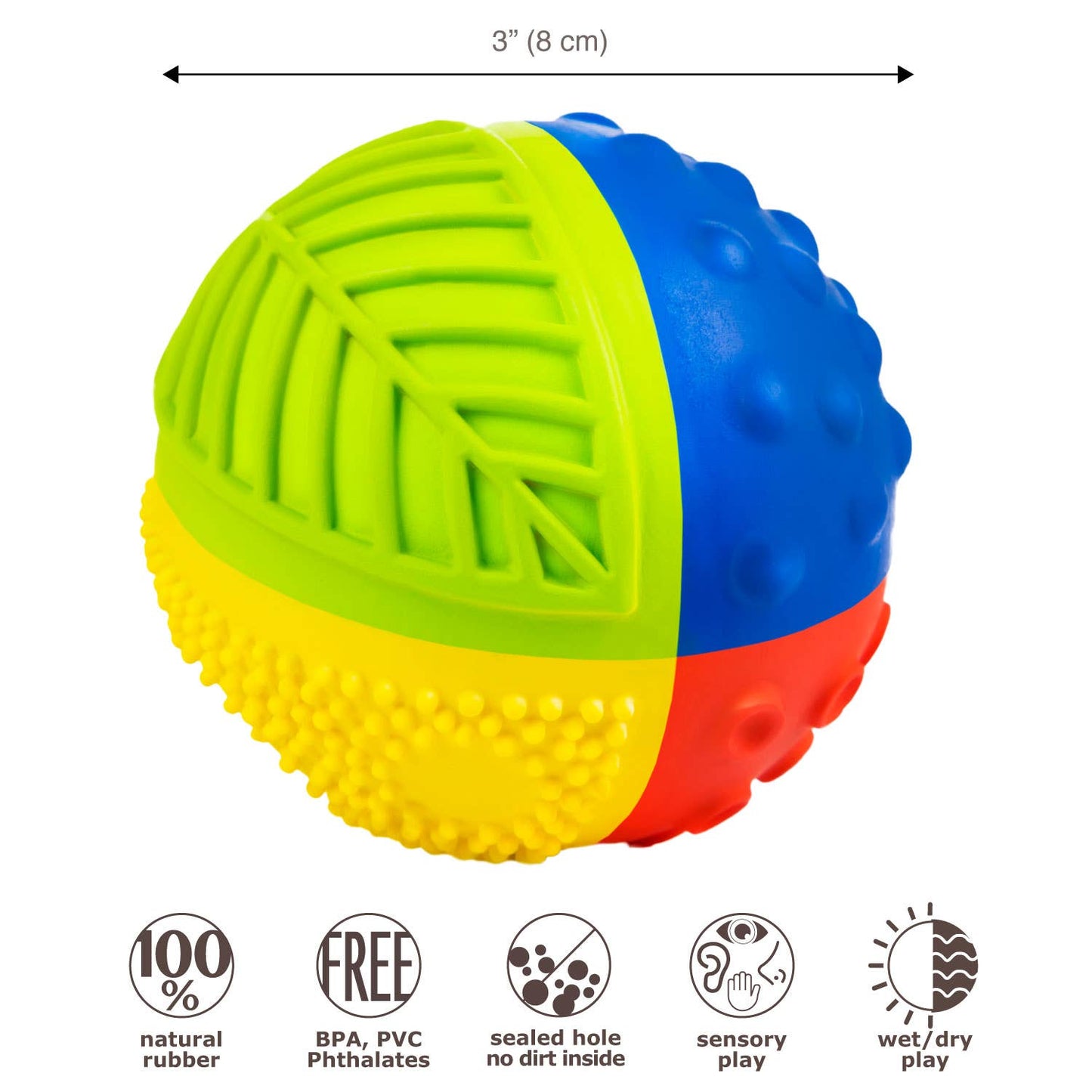 Caaocho Natural Rubber Toys - Sensory Ball Rainbow 3" - 100% Pure Natural Rubber