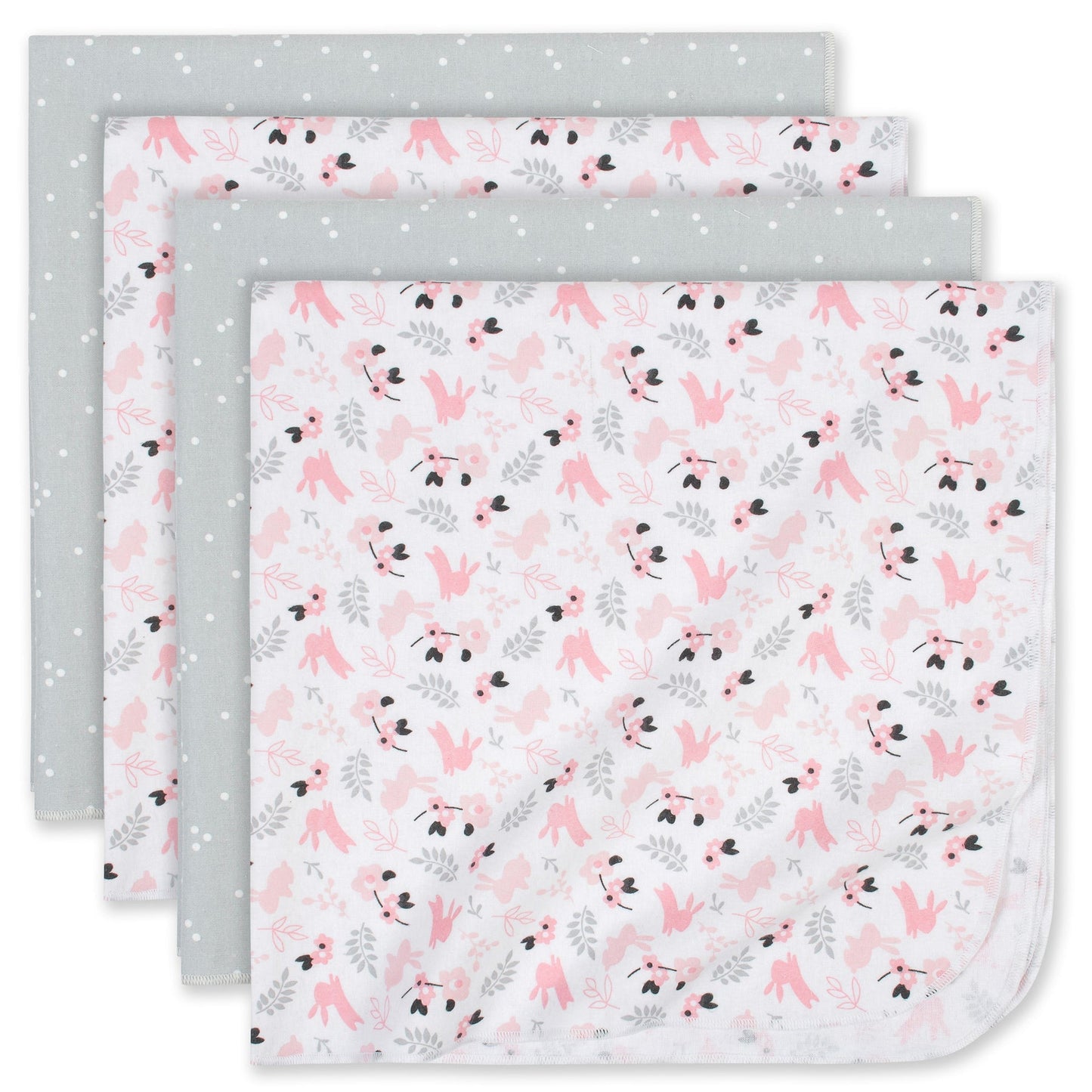 Just Born - 4-Pack Baby Girls Bunnies Flannel Receiving Blankets