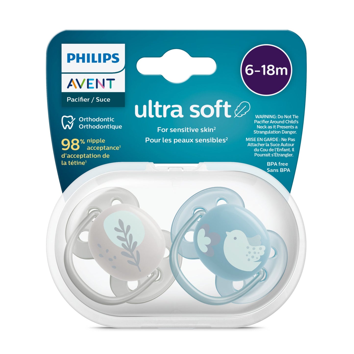 Phillips Avent - Ultra Soft Pacifier - 6-18m - Blue Dove + Silver Leaf - 2 pack