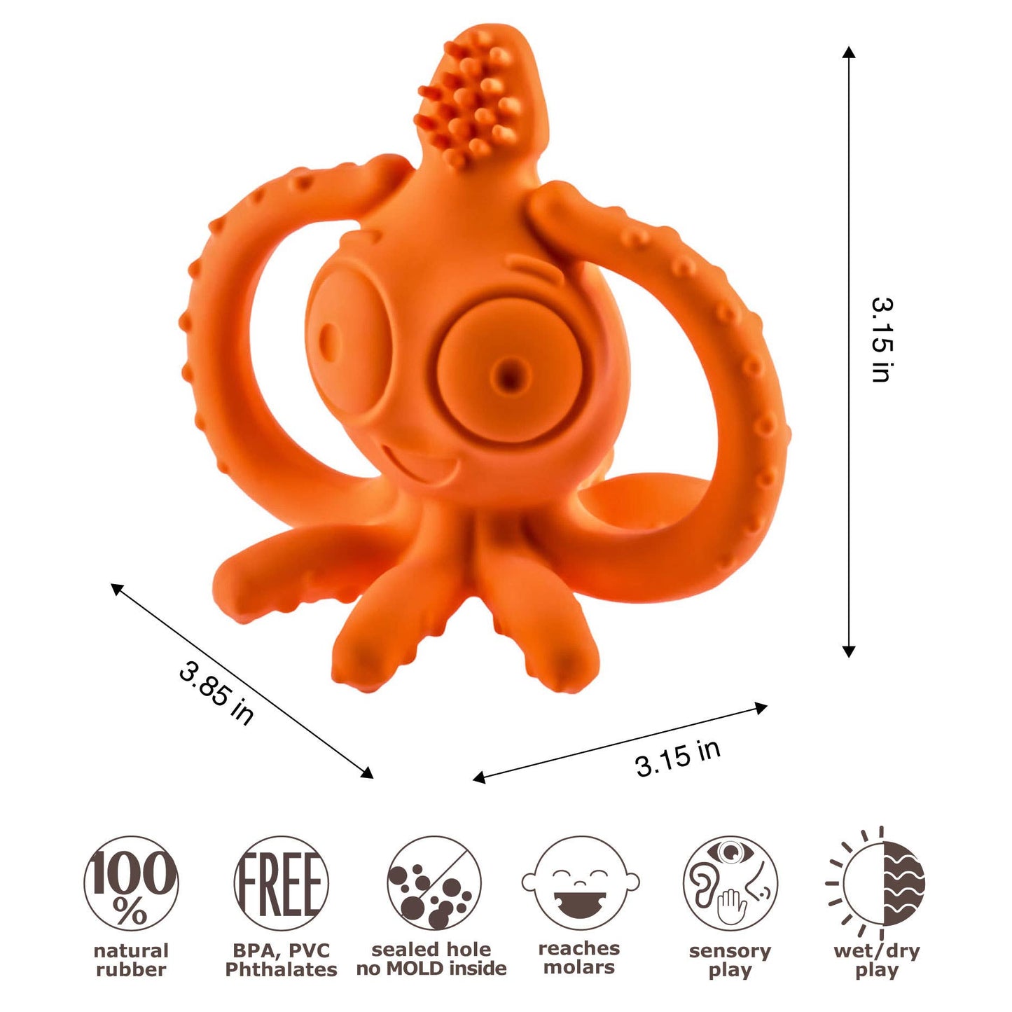 Caaocho Natural Rubber Toys - Sqwiddle The Squid Teether Gum Massager - 100% Pure Rubber