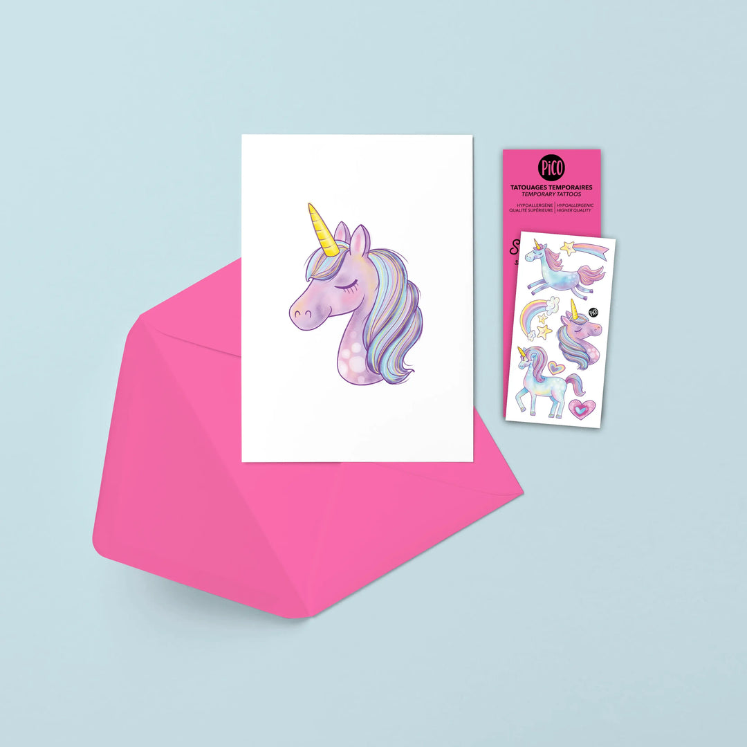 Pico Greeting Card + Temporary Tattoo - Unicorn