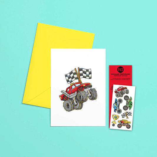 Pico Greeting Card + Temporary Tattoo - Monster trucks