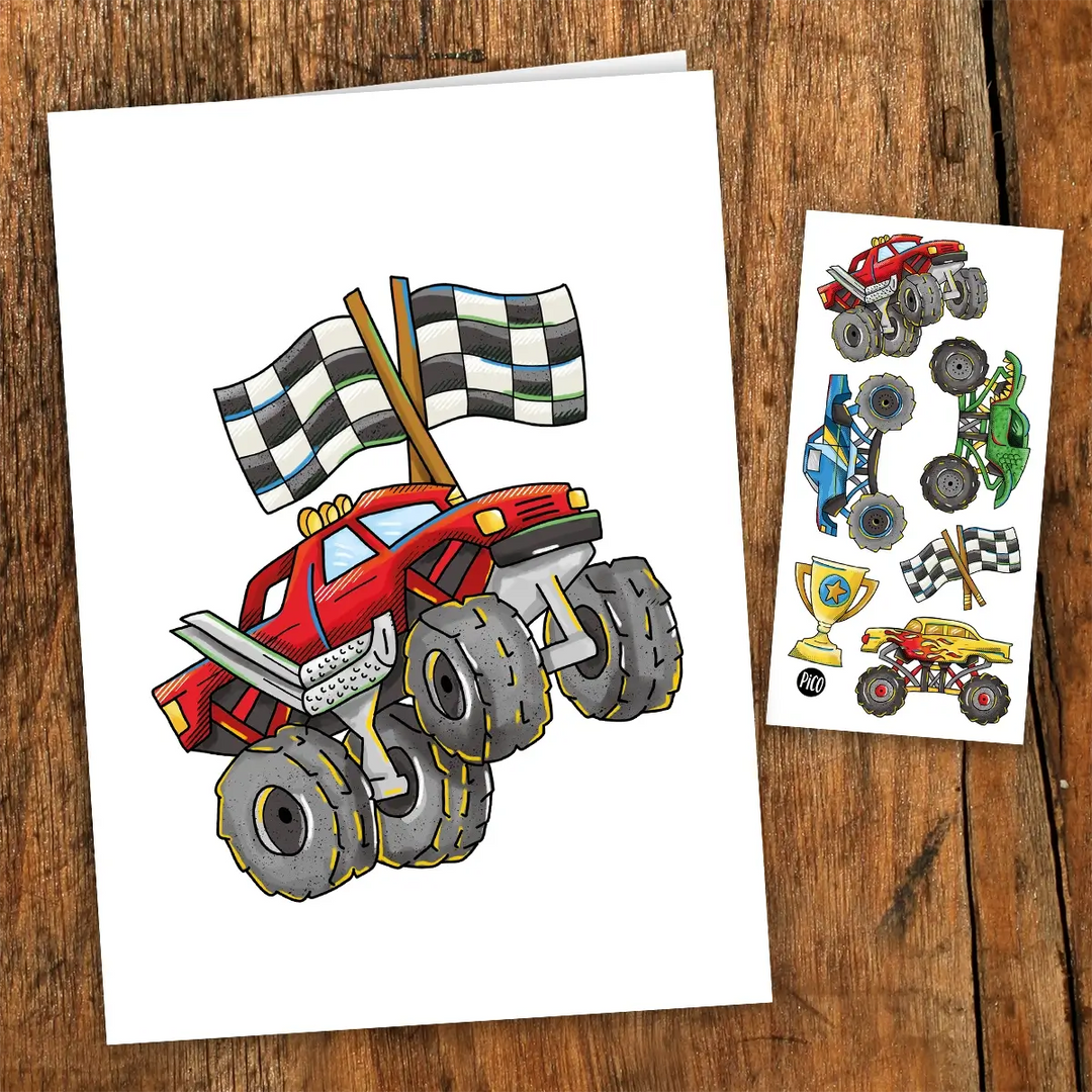 Pico Greeting Card + Temporary Tattoo - Monster trucks