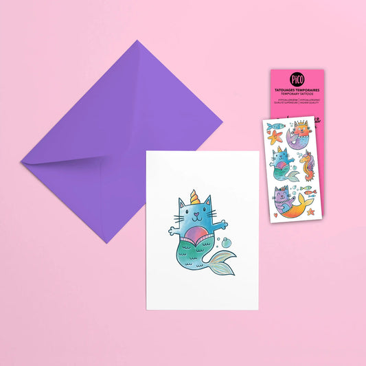 Pico Greeting Card + Temporary Tattoo - The Cat-mermaids