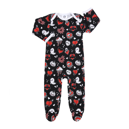 Metallimonsters - Hearts & Cobwebs printed baby sleepsuit