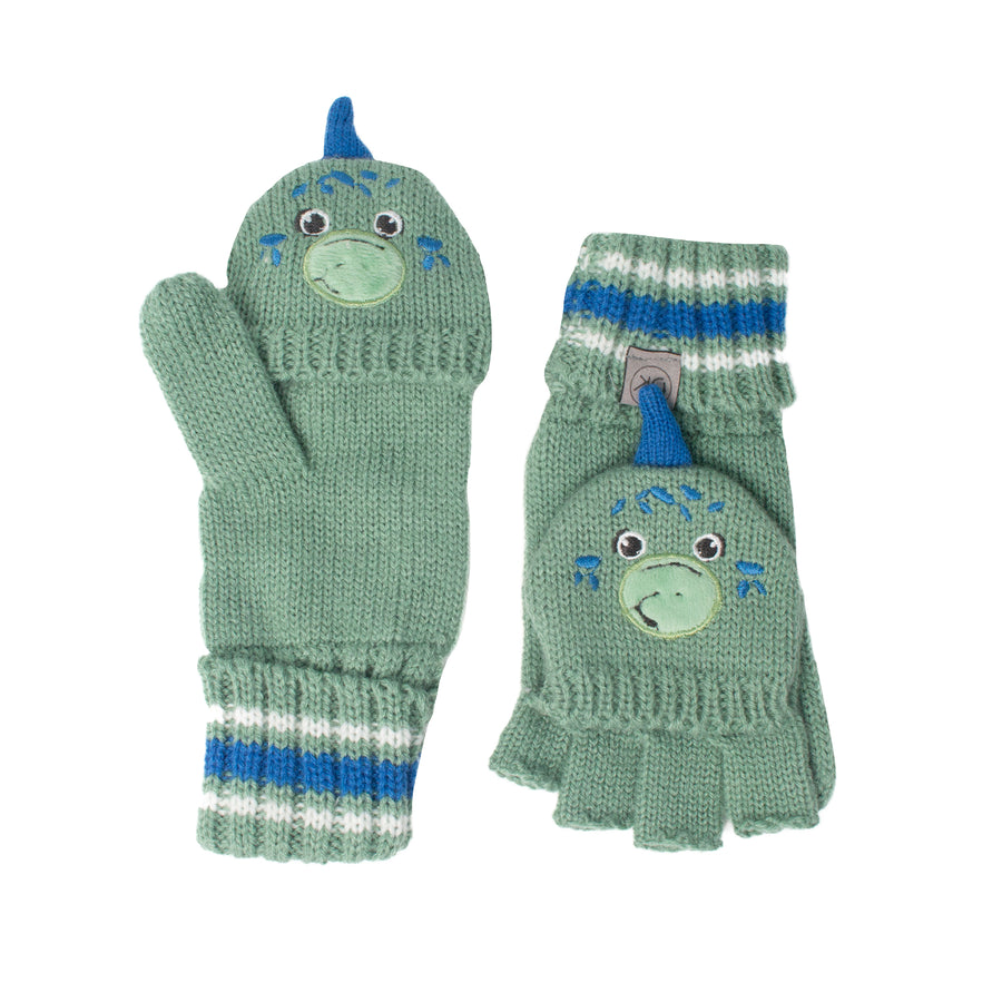 FlapJackKids- Knitted Fingerless Gloves w/Flap - Dino Green