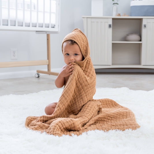 Comfy Cubs - Baby Hooded 9 Layer Muslin Cotton Towel For Kids: Pack Of 1 / Caramel