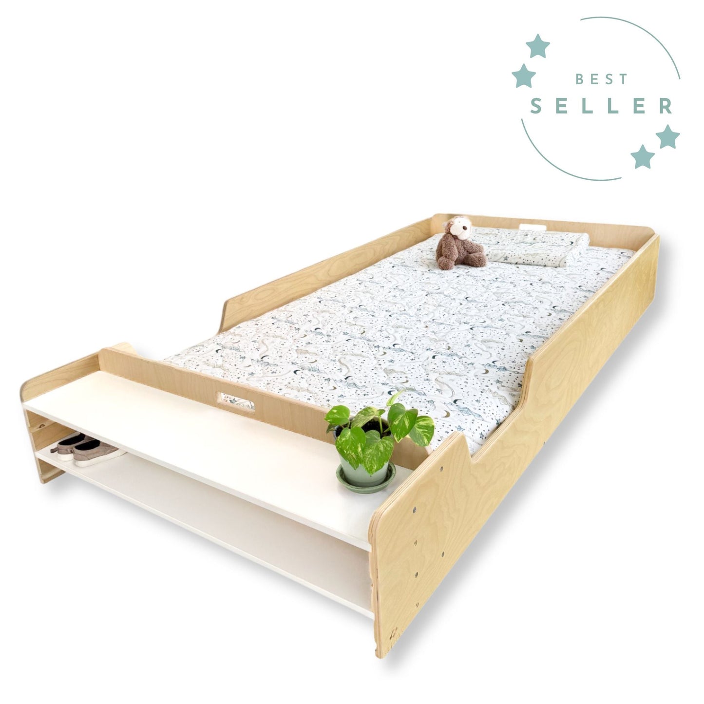 APPLE - Montessori Floor Bed with Rails & Shelves