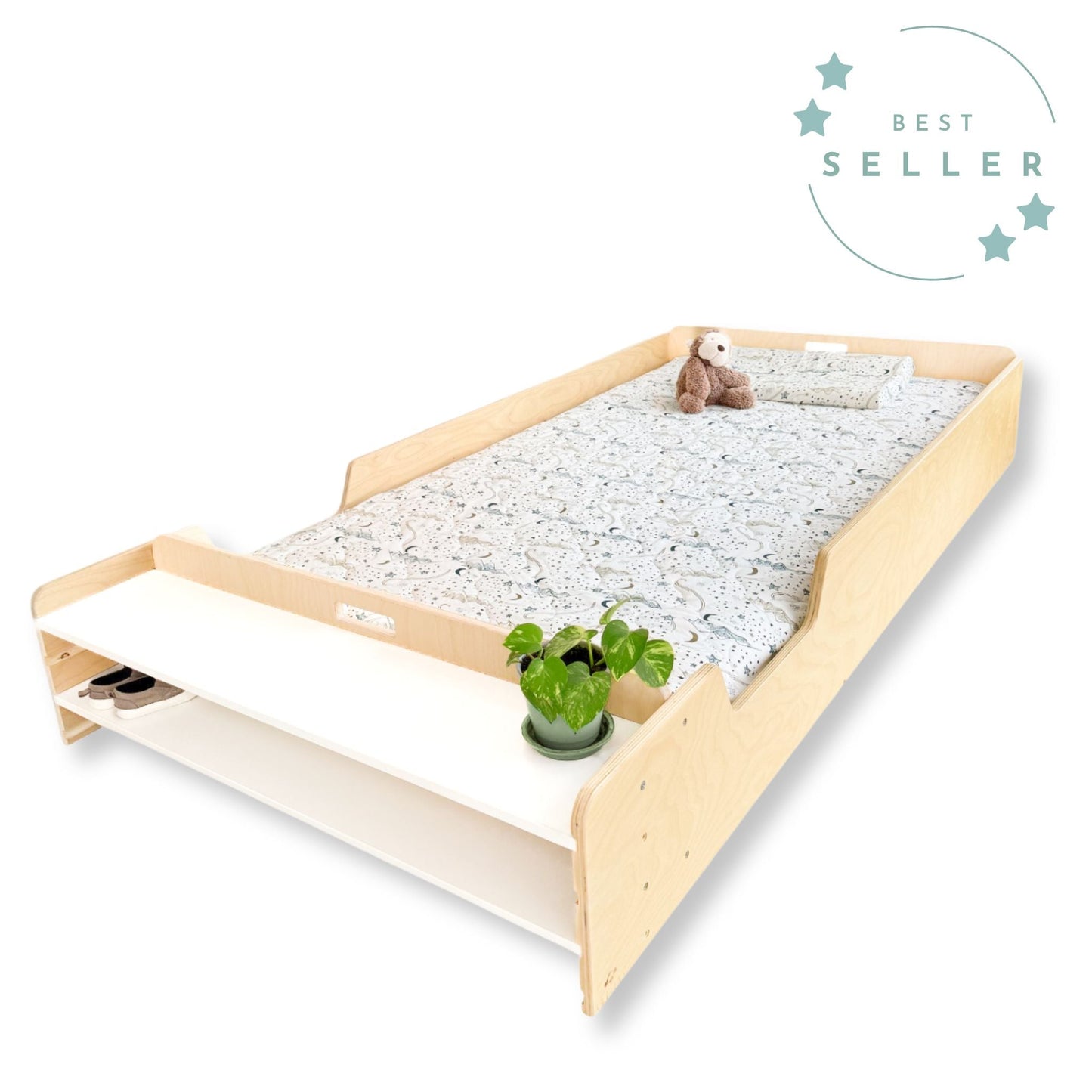 APPLE - Montessori Floor Bed with Rails & Shelves