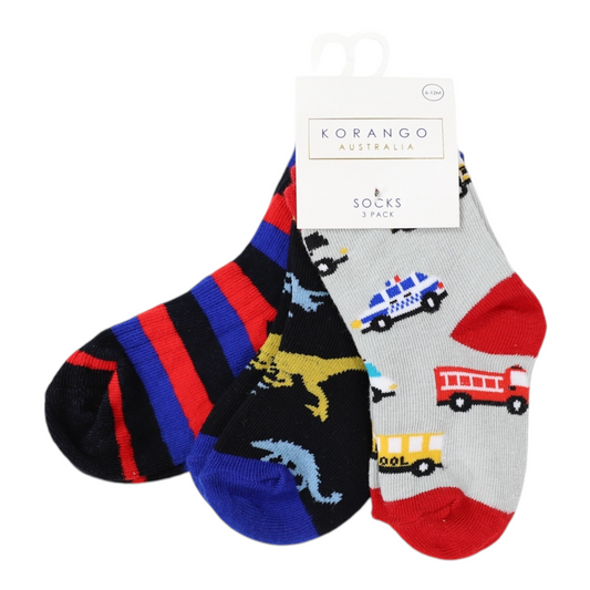 Korango -   Cars & Dinosaur Socks 3pk Assorted