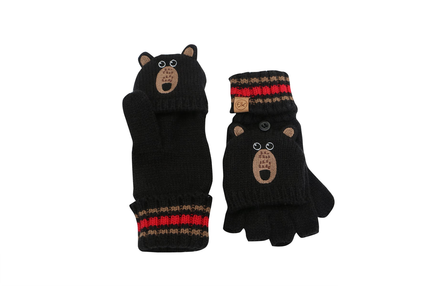 FlapJackKids- Knitted Fingerless Gloves w/Flap -Black Bear