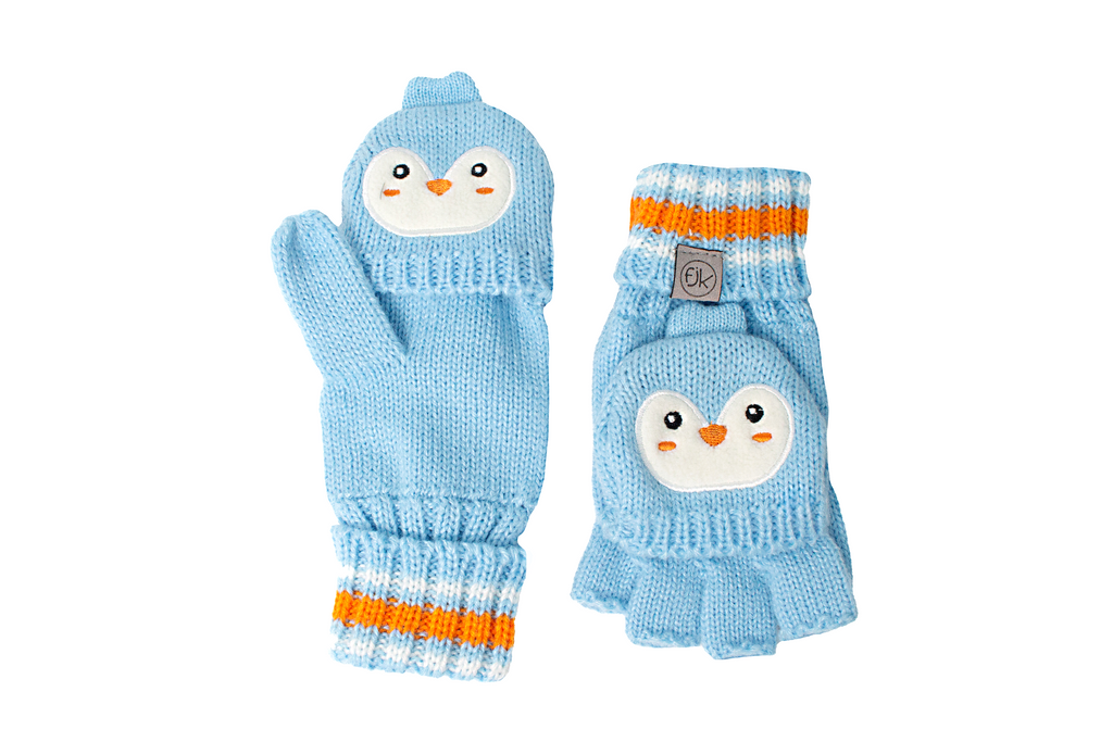 FlapJackKids - Knitted Fingerless Gloves wFlap Penguin Blue