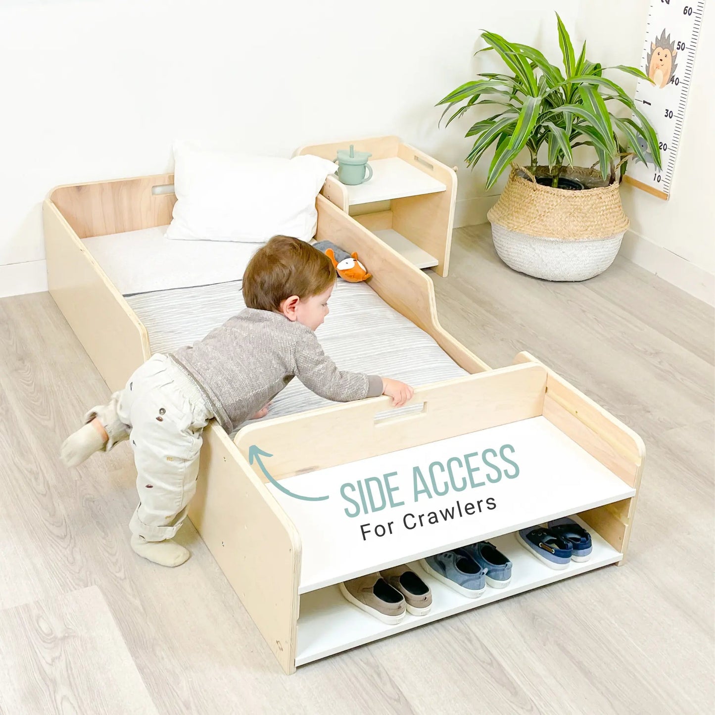 APPLE - Montessori Floor Bed with Rails & Shelves