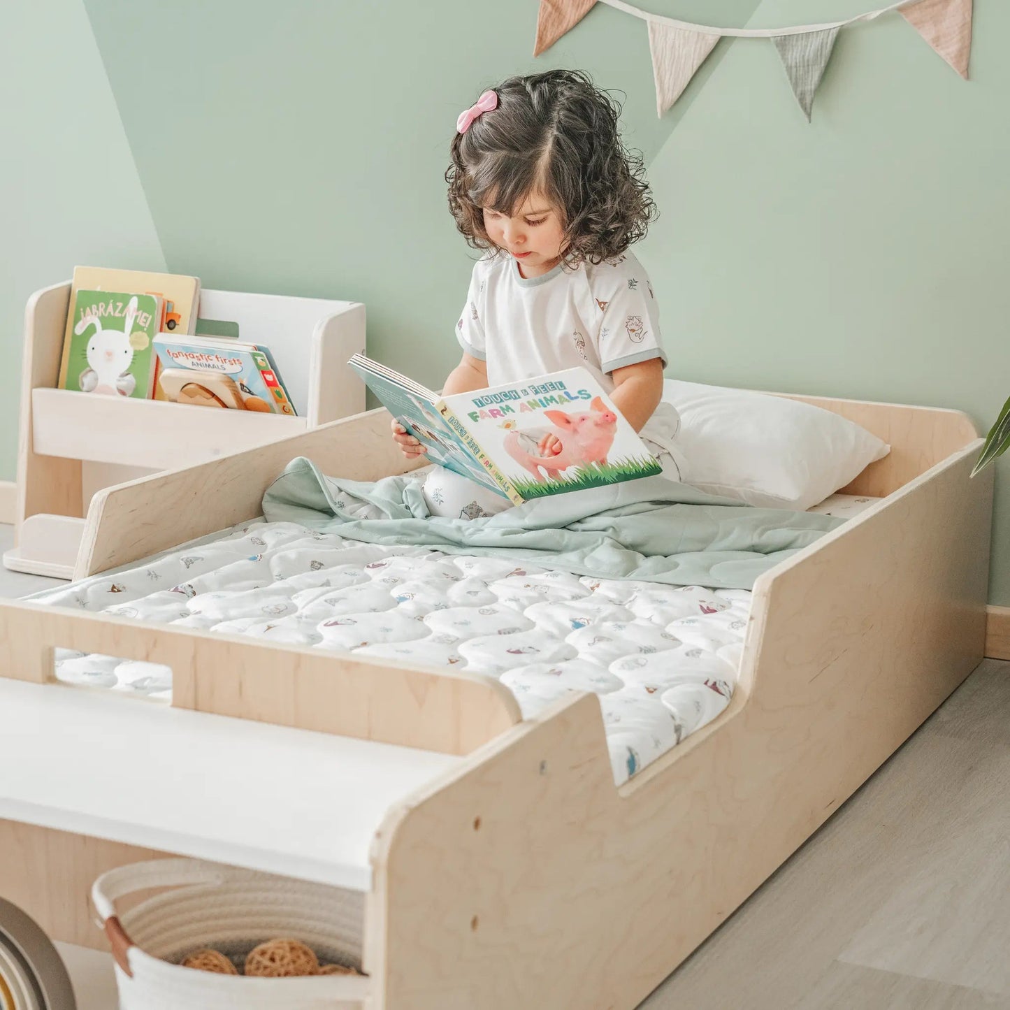 APPLE - Montessori Floor Bed with Rails & Shelves