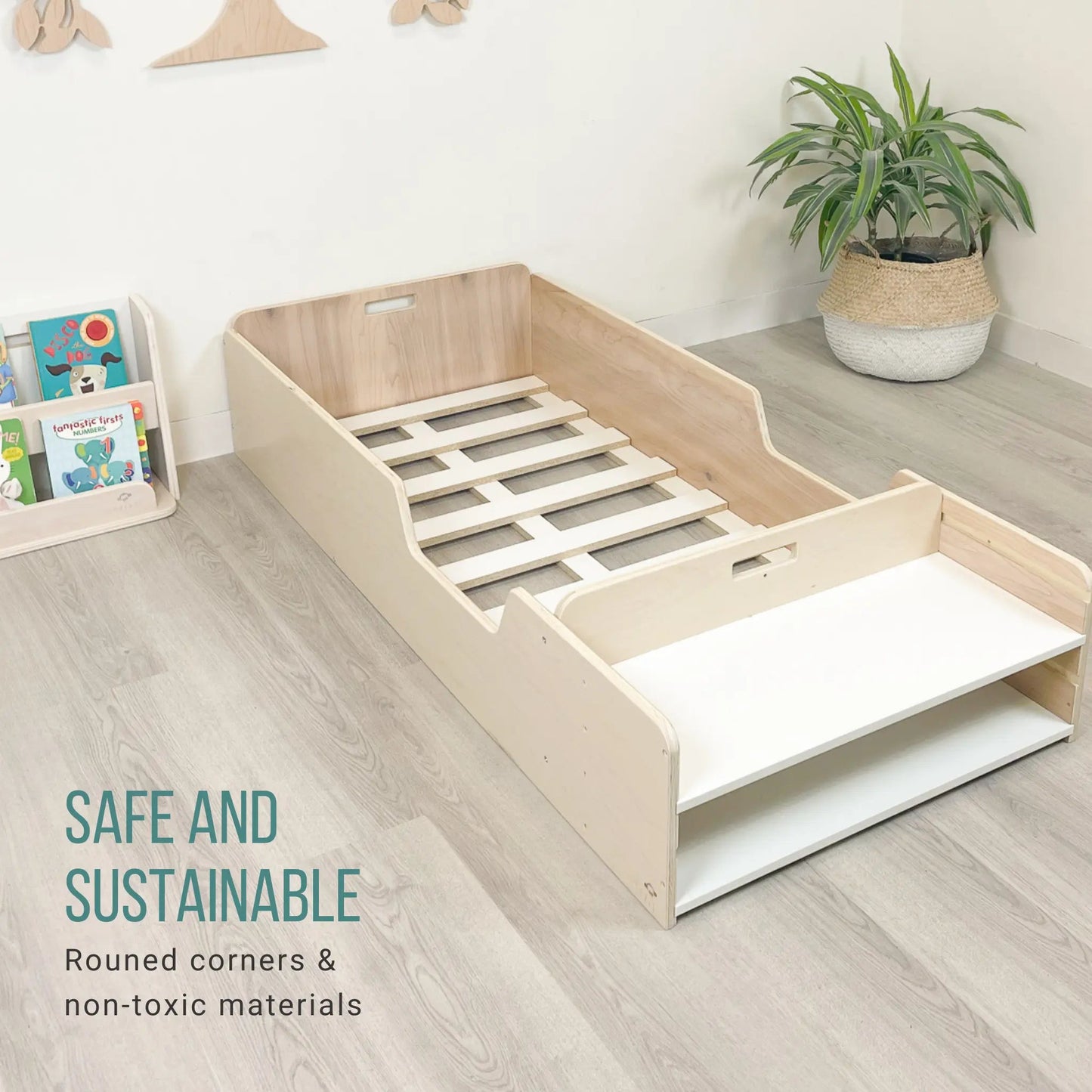 APPLE - Montessori Floor Bed with Rails & Shelves