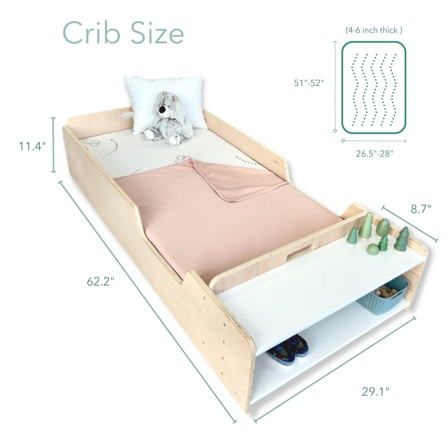 APPLE - Montessori Floor Bed with Rails & Shelves