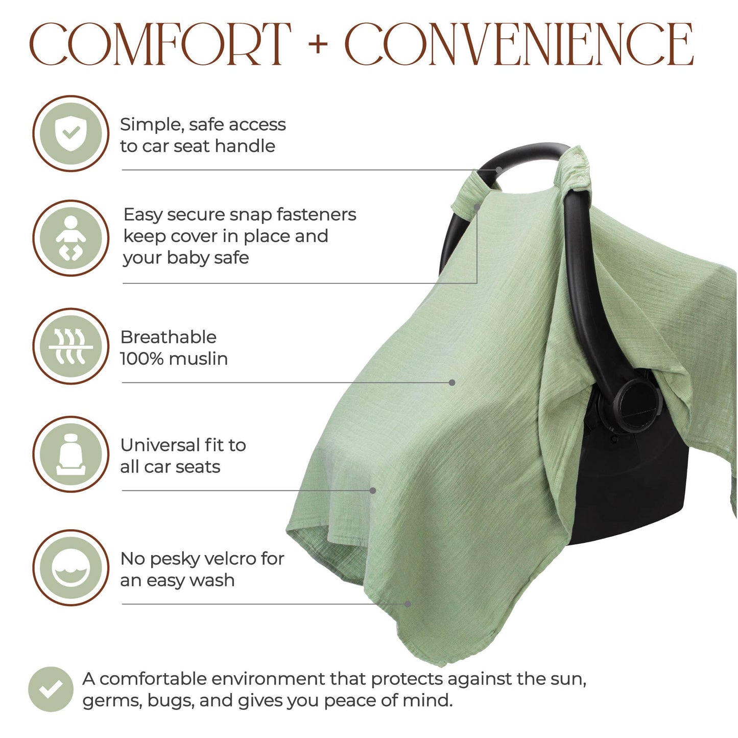 Comfy Cubs - Muslin Cotton Baby Car Seat Cover By Comfy Cubs: Sage