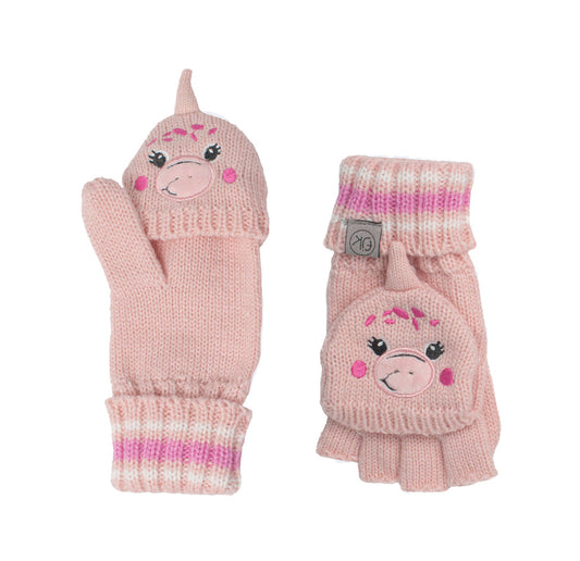 FlapJackKids- Knitted Fingerless Gloves w/Flap - Dino Pink