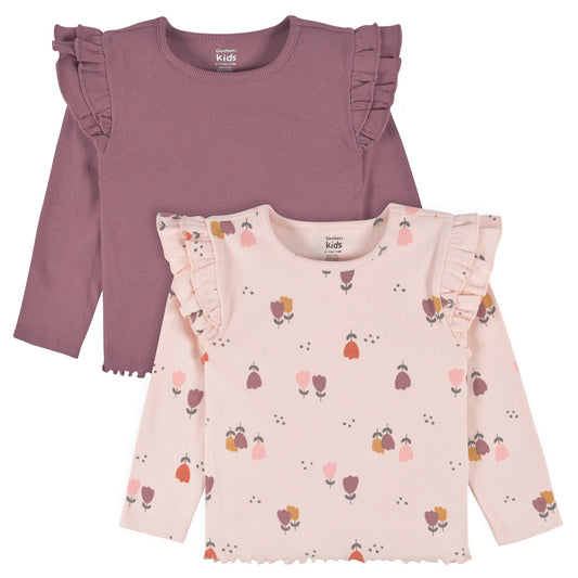 Gerber 2-Pack Girl Burgundy Floral Double Ruffle Tops