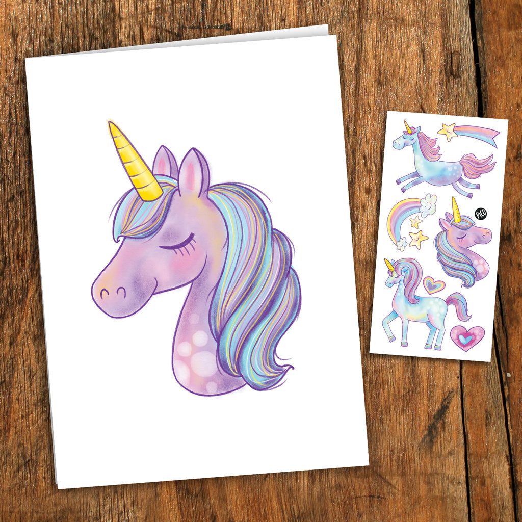 Pico Greeting Card + Temporary Tattoo - Unicorn