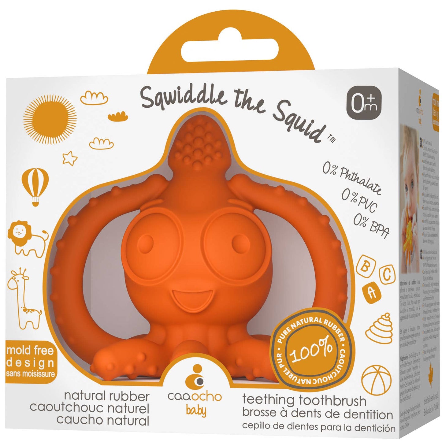 Caaocho Natural Rubber Toys - Sqwiddle The Squid Teether Gum Massager - 100% Pure Rubber