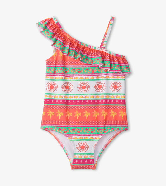 Hatley - Ornate Tropical Ruffle Trim Swimsuit - White