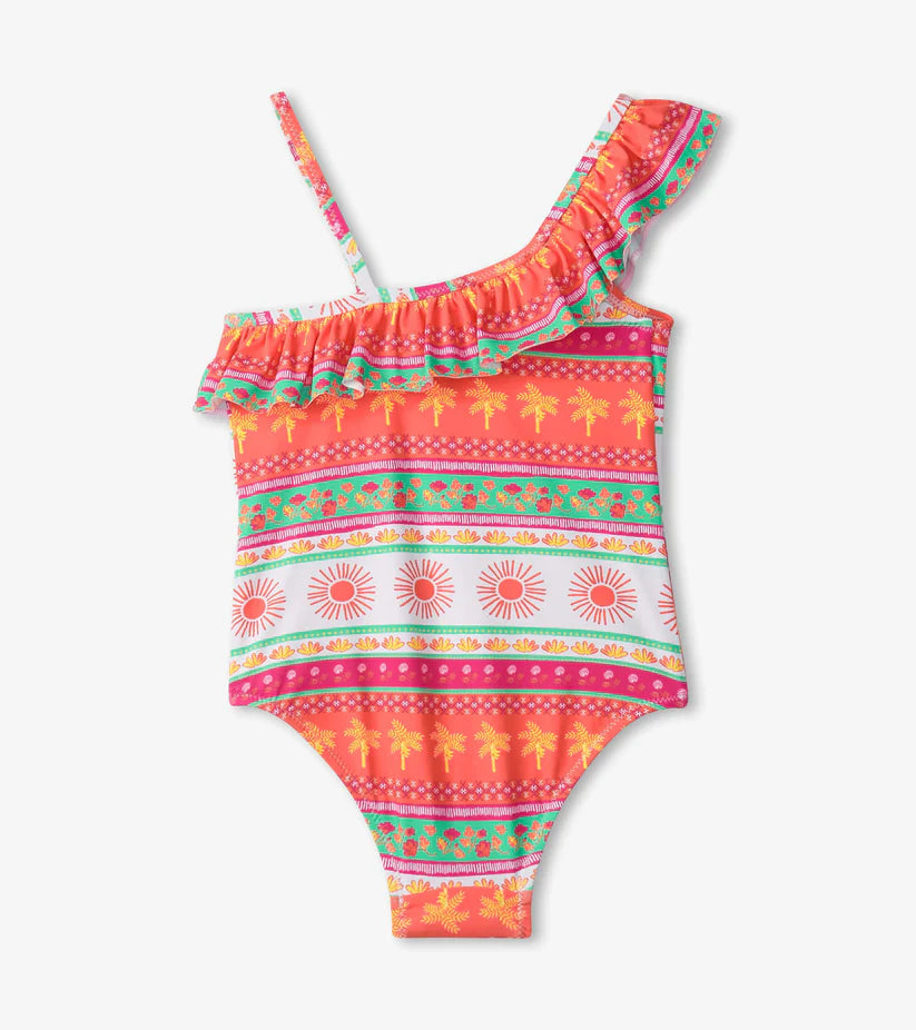 Hatley - Ornate Tropical Ruffle Trim Swimsuit - White